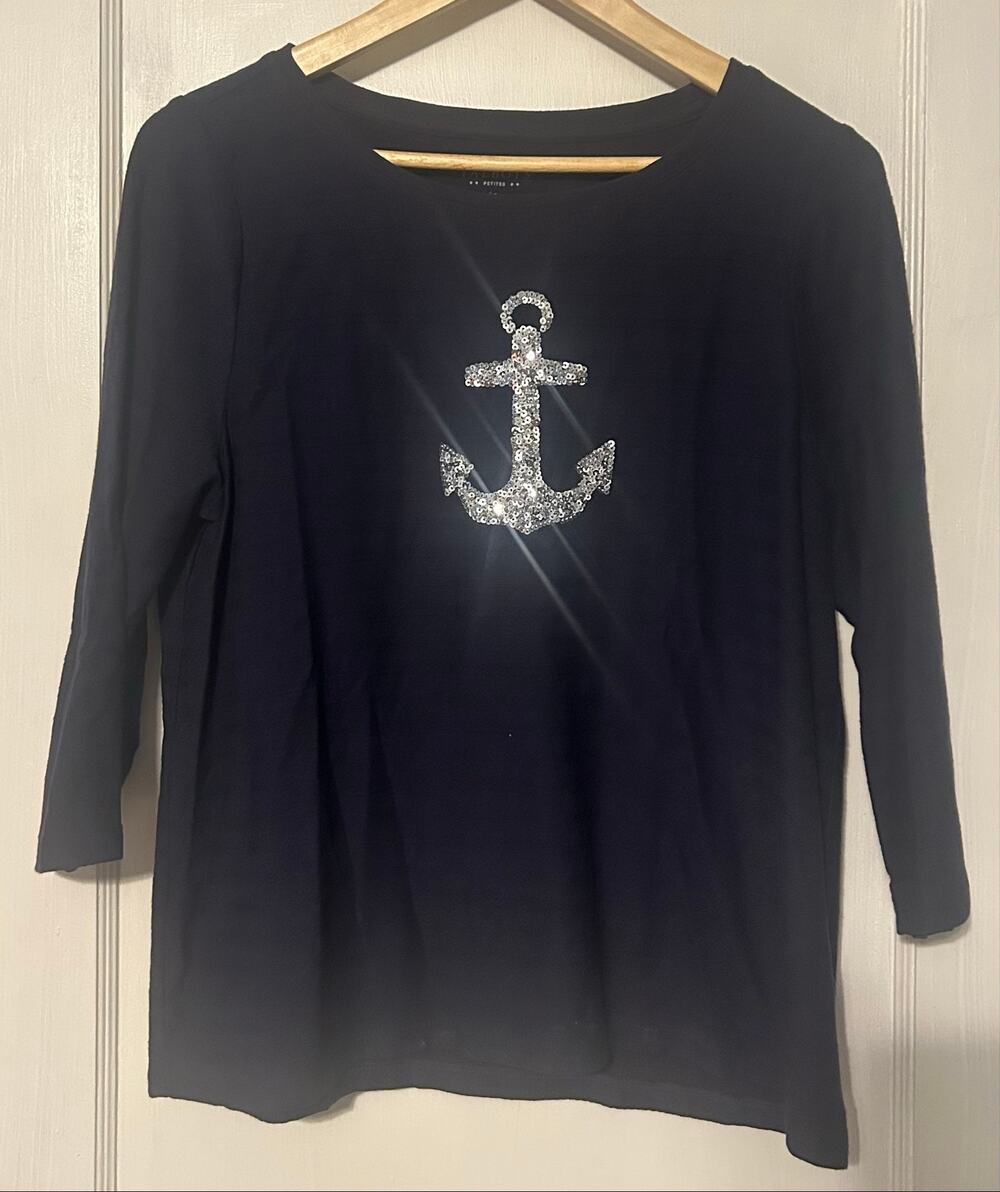 Talbots Petites Navy Blue Nautical Blouse Bling Sailor Preppy Resort wear large